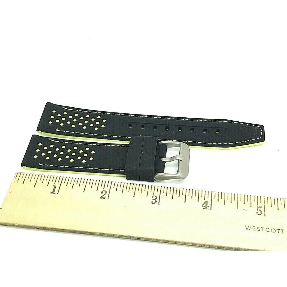 Mens Watch Band Replacement Black Yellow Rubber Strap 22mm Lug Silver Bu…
